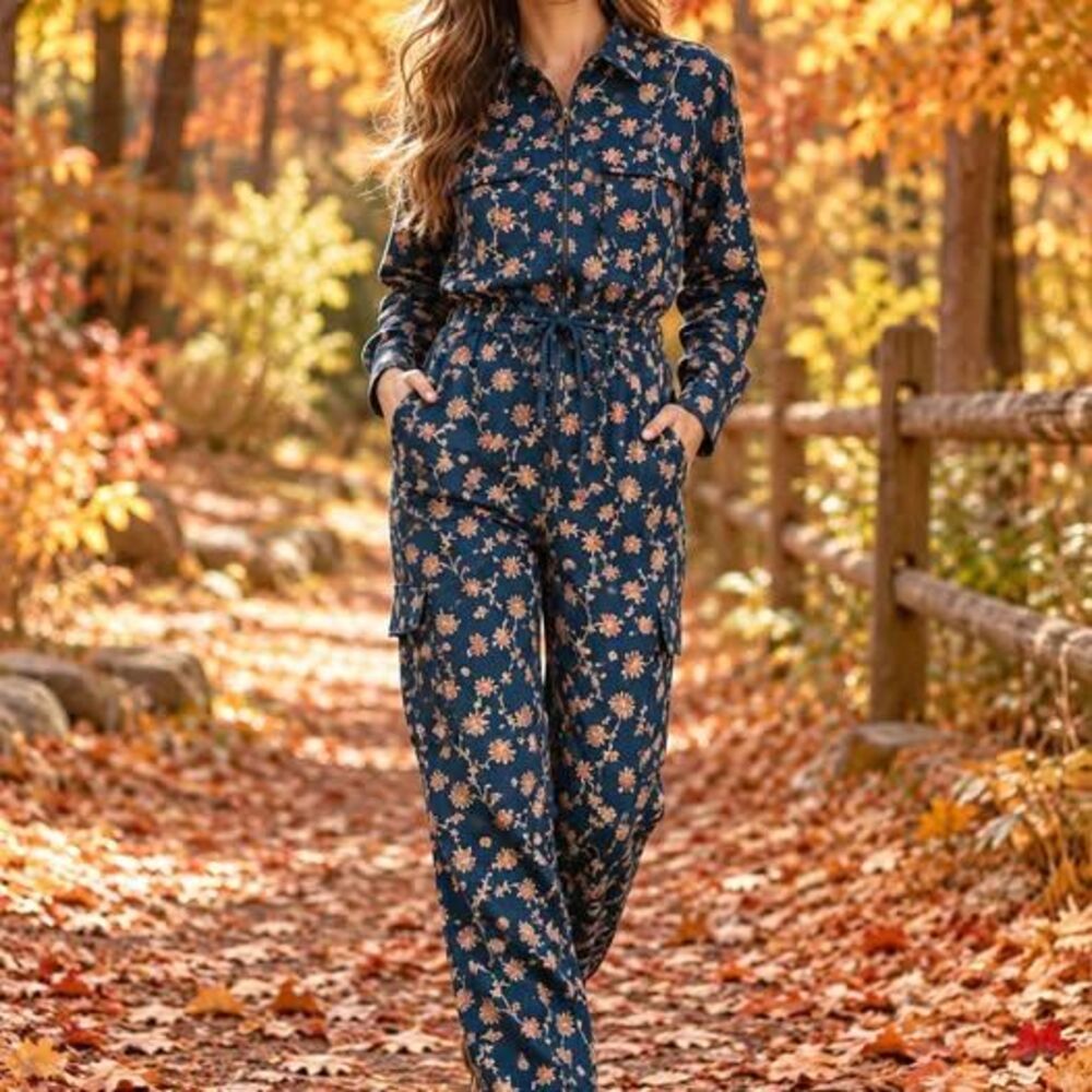 Future Collective Women’s Floral Utility Jumpsuit Size 8 Belted Long Sleeve
